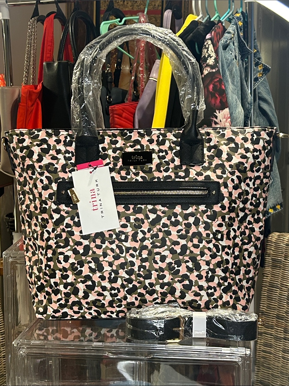 Trina Turk Pink Black Leopard Print Tote